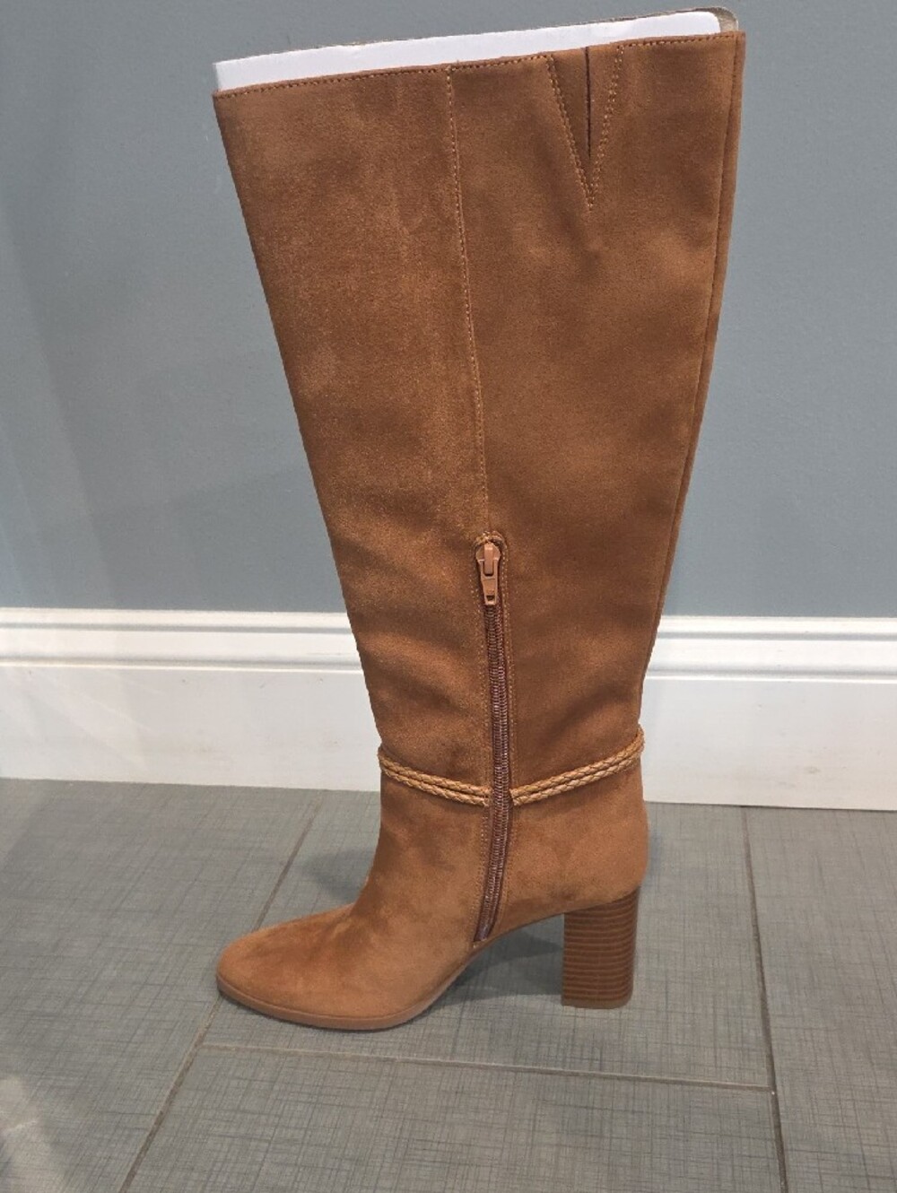 Tan Suede Mid-Calf Block Heel Boots with Rope Ring Accent Size 7 - Picture 4 of 6